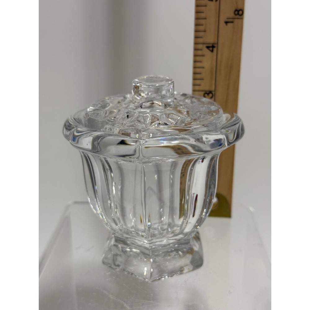 Vintage‎ Clear Pressed Glass Jam Mustard Jar w Notched Lid Scalloped Rim 4.25in